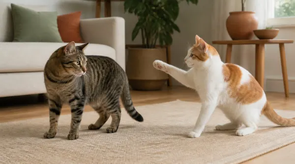 Orange-and-white cat raising one paw toward a tabby cat that is turning away