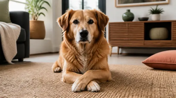 Relaxed golden-brown dog lying on a rug with its front paws crossed