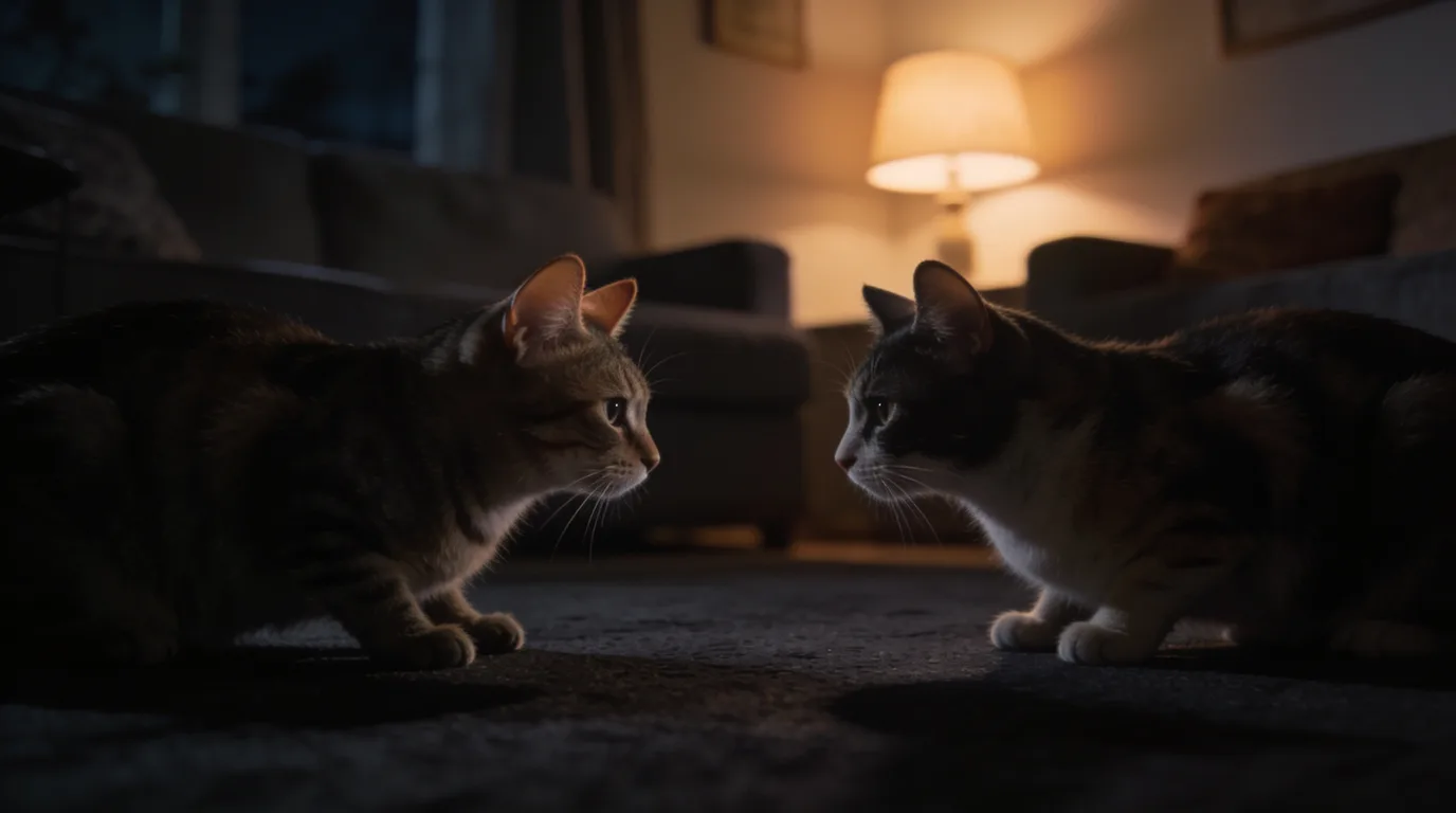 Two cats facing each other in low light with alert postures on a dark living room floor