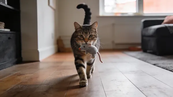 Cat carrying a small soft toy mouse in its mouth across a dark hallway floor at night