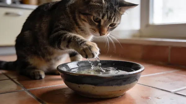 Grey cat dipping one front paw into a shallow ceramic water bowl on a kitchen floor