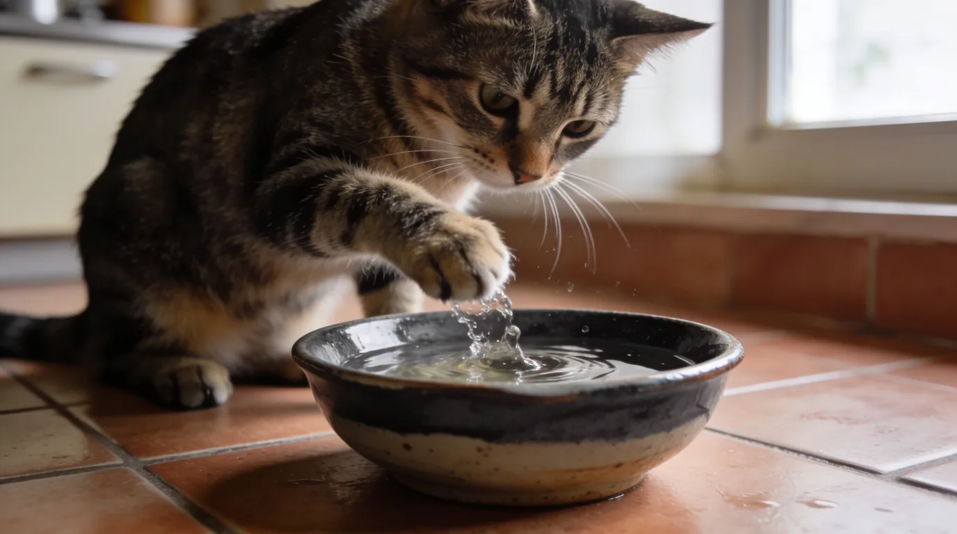 Grey cat dipping one front paw into a shallow ceramic water bowl on a kitchen floor