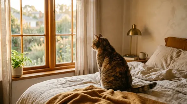 Cat sitting on a bed with back to the camera, relaxed posture