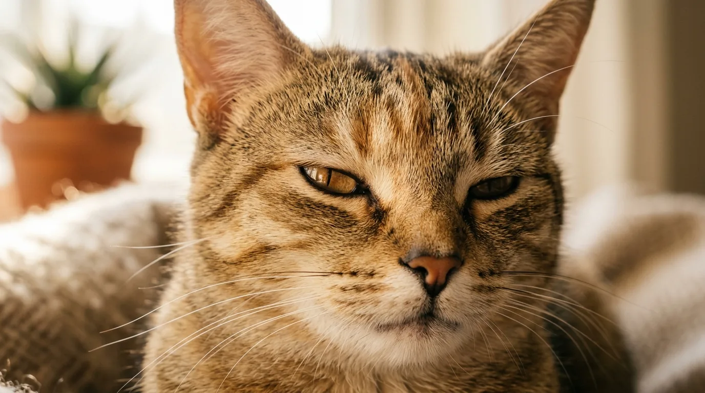 Tabby cat doing a slow-blink with half-closed soft eyes