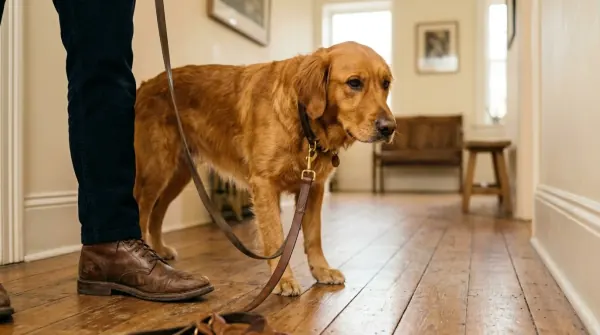 Dog walking close behind their owner's heel