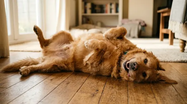 Dog lying on its back with relaxed body language showing trust