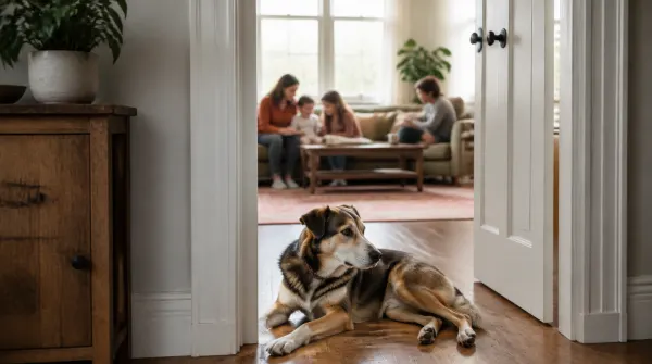 Relaxed dog resting in an open doorway with family in the next room