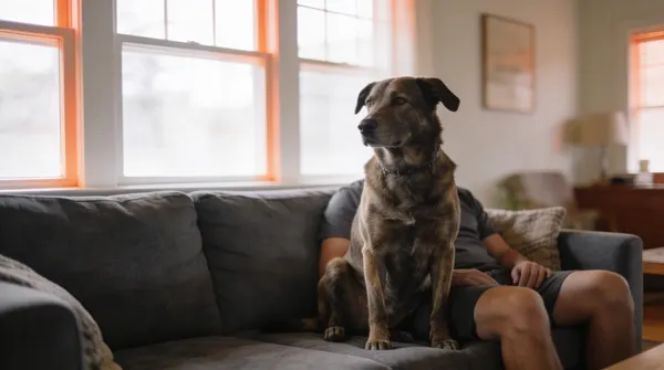 Large dog sitting across a seated person's lap with a relaxed open mouth
