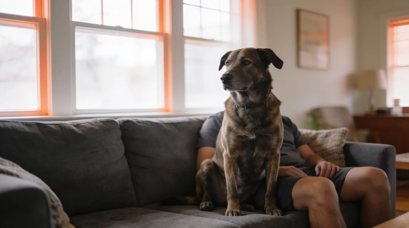 Large dog sitting across a seated person's lap with a relaxed open mouth