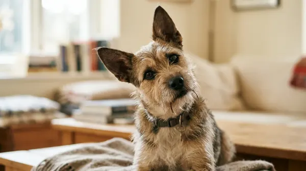 Dog tilting head while listening attentively to a person speaking