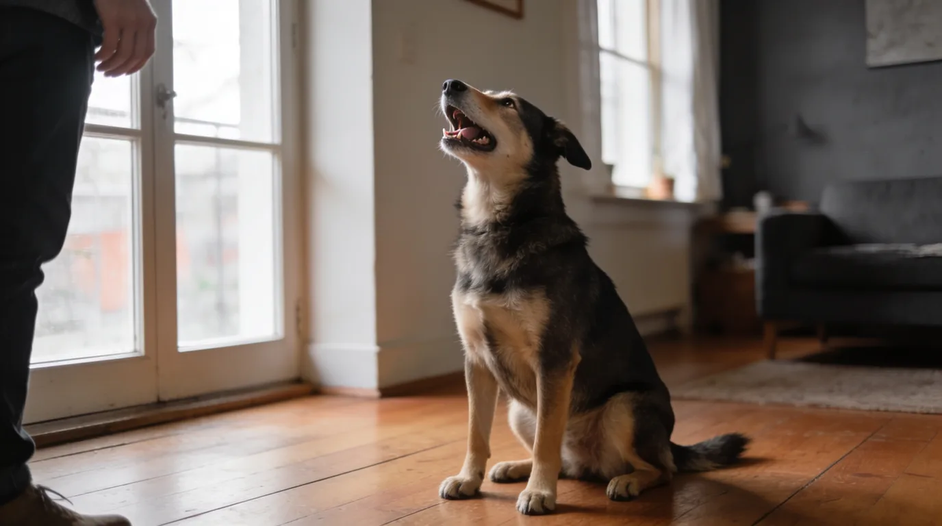 Medium-sized dog sitting on a wooden floor with ears held back and mouth slightly open mid-vocalization