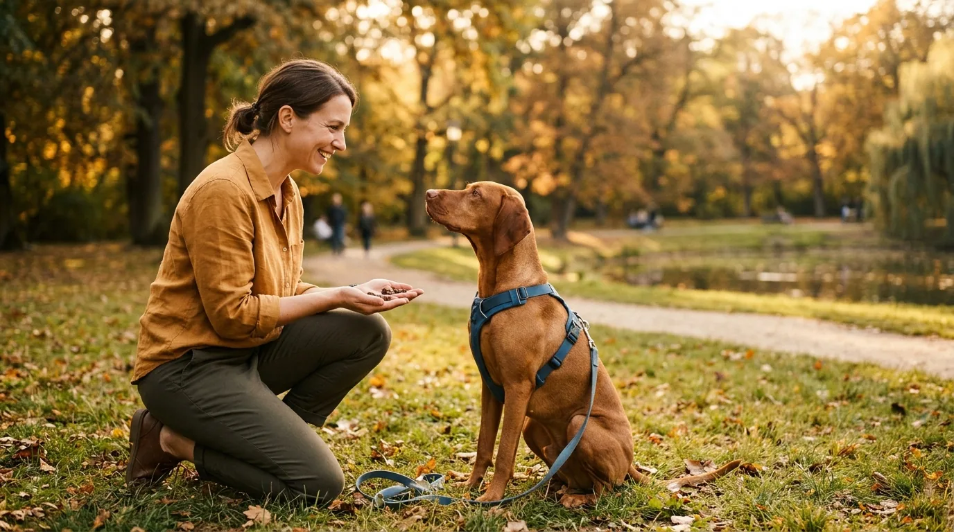 A dog and human in a positive-reinforcement training moment