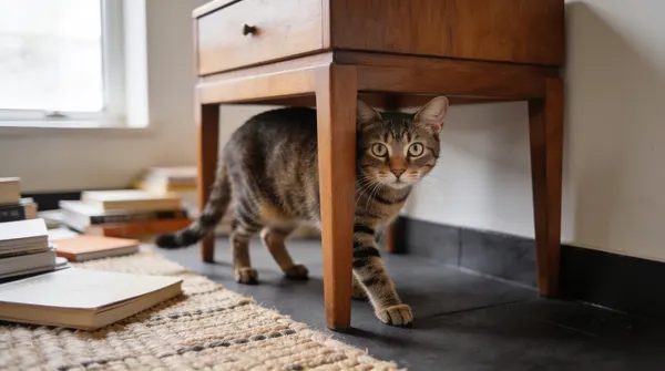 Tabby cat crouched low beside a sofa with ears rotated back and pupils partially dilated