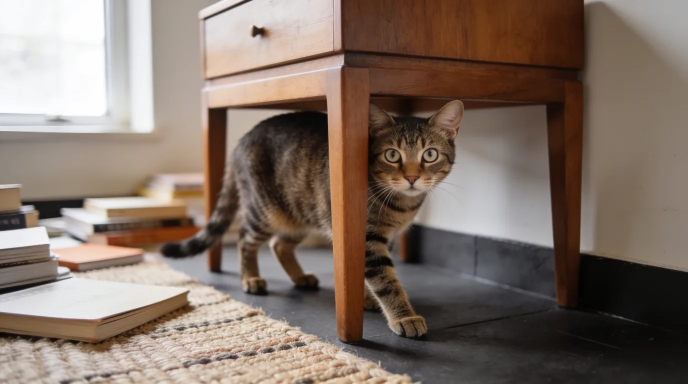 Tabby cat crouched low beside a sofa with ears rotated back and pupils partially dilated