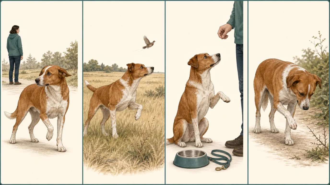 Four matched panels showing a dog's front paw lift during uncertainty, pointing toward a bird, anticipation near a handler and possible paw pain