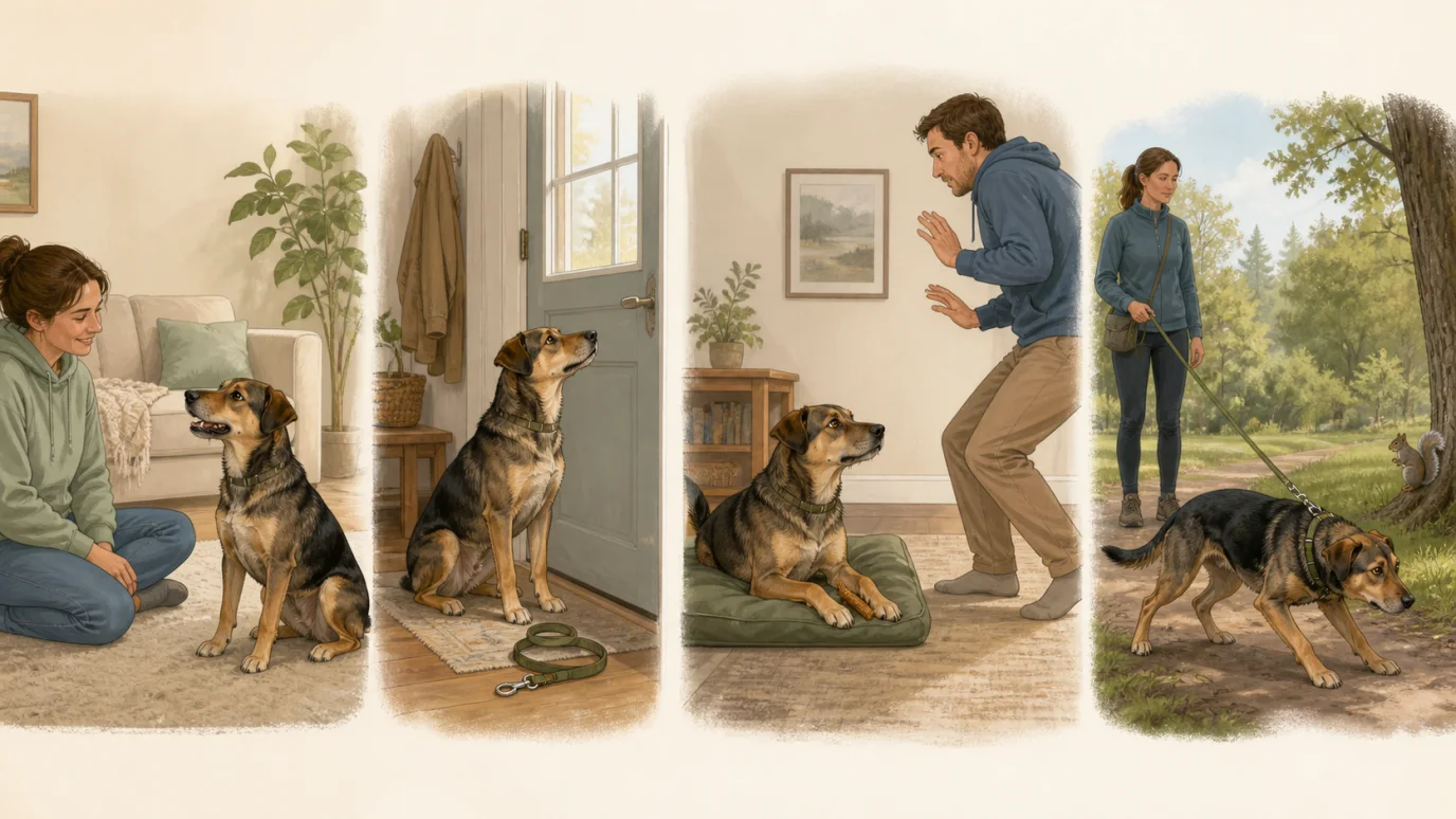 Four dog staring contexts showing soft social gaze, a learned request by the leash, a hard stare over a chew and predatory focus on wildlife